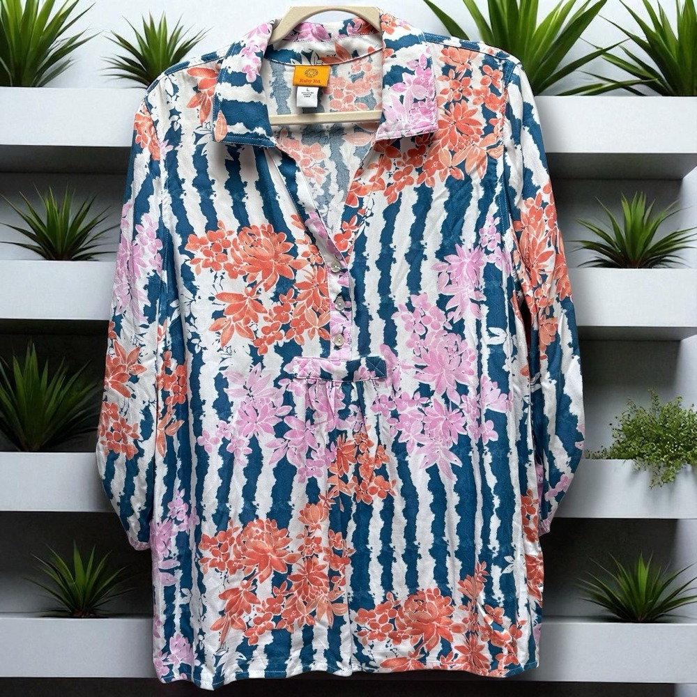 Ruby Rd Blue White‎ Melon Floral Print Split Neck Top Sz L